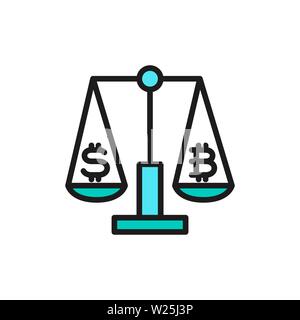 Scales with dollar and bitcoin sign, cryptocurrency exchange flat color icon. Stock Vector