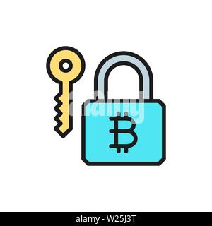 Bitcoin lock with key, cryptocurrency, blockchain flat color icon. Stock Vector