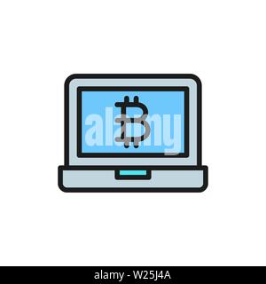 Laptop display with bitcoin sign, blockchain flat color icon. Stock Vector