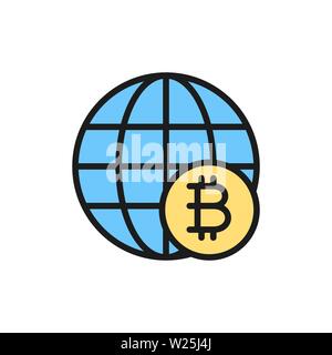 Global world with bitcoin coin, blockchain, crypto network flat color icon. Stock Vector
