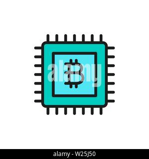 Motherboard with bitcoin sign, blockchain flat color icon. Stock Vector