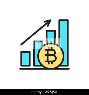 Upward graph, bitcoin coin, cryptocurrency flat color icon. Stock Vector