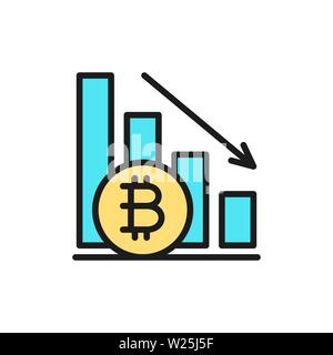 Down graph, bitcoin coin, cryptocurrency flat color icon. Stock Vector