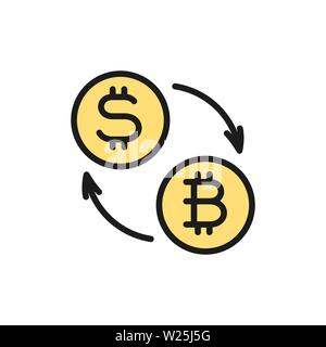 Cryptocurrency exchange, bitcoin coin with dollar sign flat color icon. Stock Vector