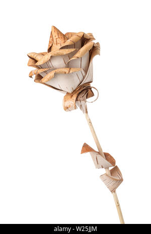 Rose flower made of wood and birch bark isolated on white Stock Photo
