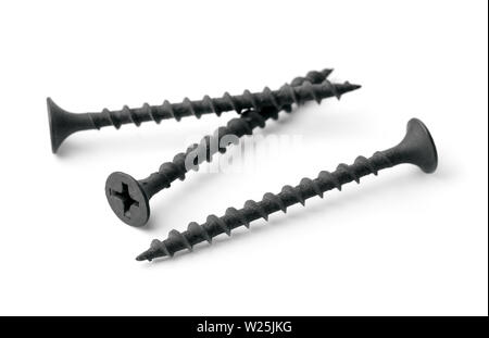 Black drywall screws isolated on white Stock Photo