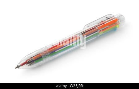 Plastic transparent multicolor retractable ballpoint pen isolated on white Stock Photo