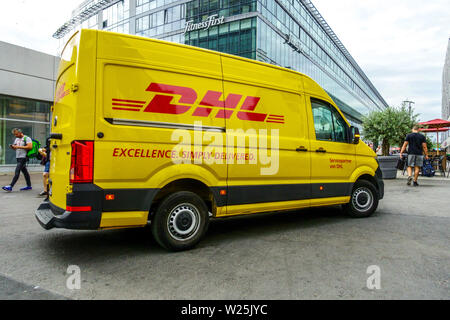 DHL van, delivering service, Prager Strasse Dresden, Germany Europe DHL Delivery van Stock Photo