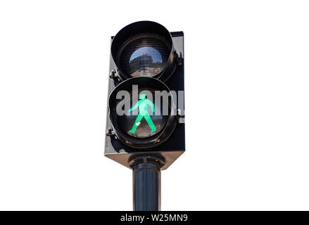 Green traffic light for pedestrians, go sign, isolated on white background