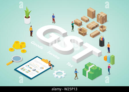 gst goods service tax with big words and people team business with modern isometric flat - vector illustration Stock Photo