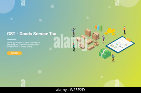 gst goods service tax with big words and people team business with modern isometric for website template or landing homepage - vector illustration Stock Photo