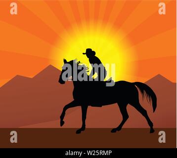 cowboy riding a horse in a sunset silhouette - vector Stock Vector