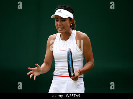 Qiang Wang during her match against Elise Mertens on day six of the Wimbledon Championships at the All England Lawn tennis and Croquet Club, Wimbledon. Stock Photo