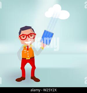 Male with tablet, cloud and upload and new data concept Stock Vector