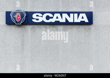 Horsens, Denmark - July 4, 2015: Scania sign on a wall. Scania is a major swedish automotive industry manufacturer Stock Photo