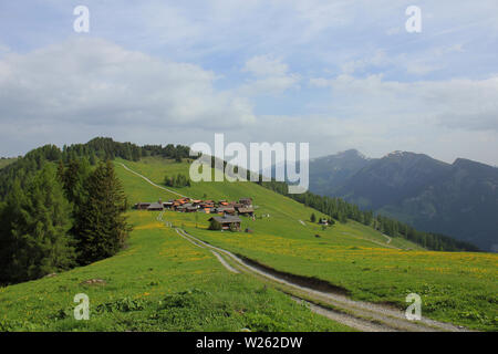 Idyllic Swiss village Obermutten in early summer. Stock Photo