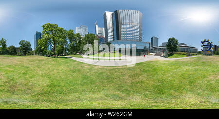 360 degree panoramic view of Frankfurt, Germany. July 2019. A 360° panoramic view of the Gallusanlage park in the center of the city
