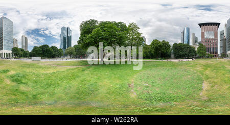 360 degree panoramic view of Frankfurt, Germany. July 2019. A 360° panoramic view of the Gallusanlage park in the center of the city