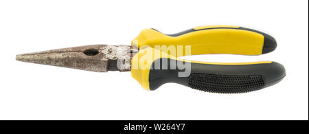 Old rust pliers with black and yellow handle on white background Stock Photo