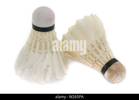 The Two old shuttlecocks for badminton on a white background Stock Photo