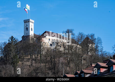 View from down street on Ljubljana castle Stock Photo