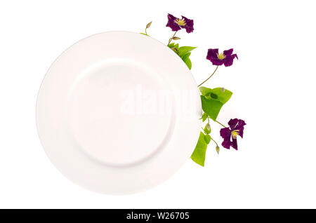 Plate with violet flowers, mock up for menu.  Stock Photo