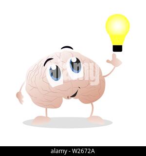 Cute cartoon smart brain with lettering good idea. cartoon character mascot  of the brain with glasses.Lightbulb idea concept. Vector illustration  isolated on background Stock Vector