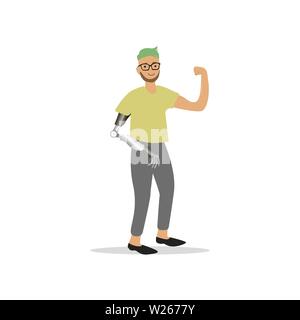 Guy invalid with prosthetic arm. Vector man disability prosthetic, illustration prosthesis person Stock Vector
