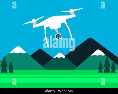 Drone photography concept. Aerial Drone with camera flying over landscape with mountain, meadow and trees.Quadcopter taking pictures and videos.Vector Stock Vector