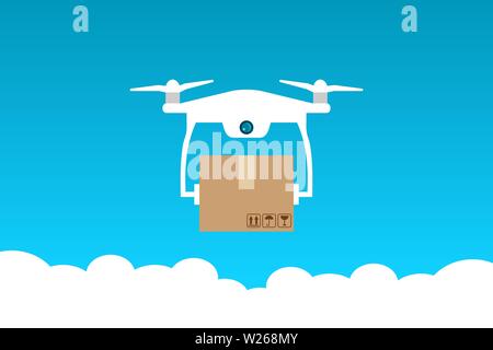 Drone delivery concept. Drone with a package flying above the clouds.Remote air delivery service with a drone flying in the sky. Vector illustration Stock Vector