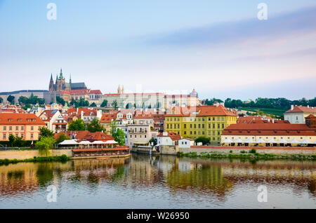Amazing view of Prague Castle and historical old town taken with Vltava river. Sunrise light. Capital of Czech Republic. Beautiful skylines. Cityscape. Amazing cities. Bohemia, travel spot.