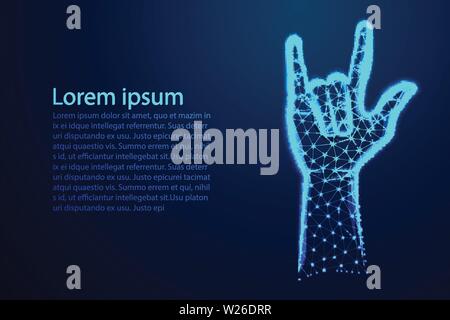 Rock sign gesture for music festival. Abstract Low Poly. Wireframe design. From connecting dot and line. Vector Illustration Stock Vector