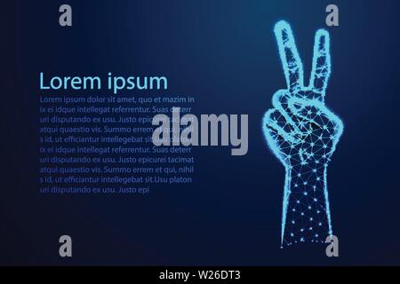 raising two fingers up on hand it is shows peace strength fight or victory symbol . Abstract Low Poly. Wireframe design. From connecting dot and line. Stock Vector