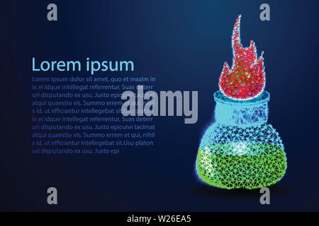 Experiments in a chemistry lab. Chemical equipment. Alcohol (spirit) burner and Bunsen burner with flames. Abstract wireframe design. From connecting Stock Vector