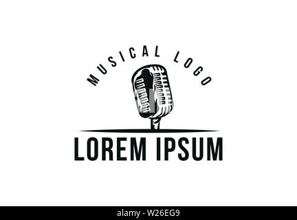 Podcast station. Emblem template with retro microphone. Design element for logo Stock Vector