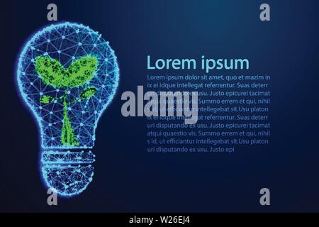 Light Bulb with green plant form lines. Abstract designs from connecting dot and line. vector illustration Stock Vector