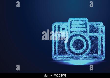 Camera, Lens, Photography .Abstract low poly, Triangle, dot, line, polygon. Shine blue background, Vector illustration Stock Vector