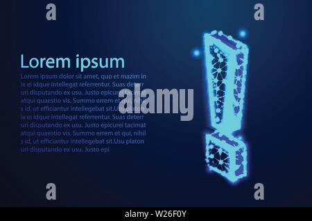 Exclamation mark, Abstract low poly, Triangle, dot, line, polygon. Shine blue background, Vector illustration Stock Vector