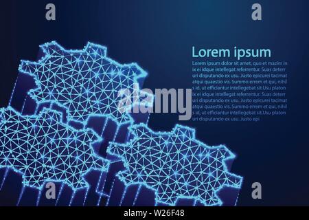 Gear Isometric, Abstract low poly, Triangle, dot, line, polygon. Shine blue background, Vector illustration Stock Vector