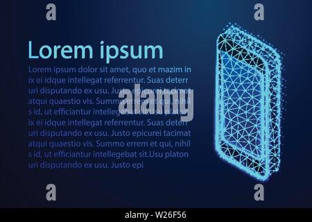 Isometric Smartphone, Abstract low poly, Triangle, dot, line, polygon. Shine blue background, Vector illustration Stock Vector
