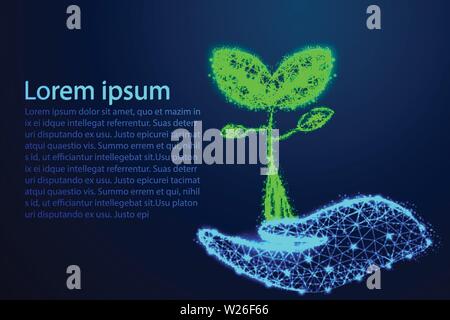 Hands holding seedling in soil, Abstract low poly, Wireframe background Stock Vector