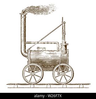 Historic locomotive-engine by Richard Trevithick from 1804. Illustration after an engraving from the 19th century Stock Vector