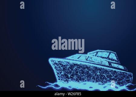 polygonal marine ship or boat with texture of starry sky. Abstract wireframe low poly, vector illustration Stock Vector