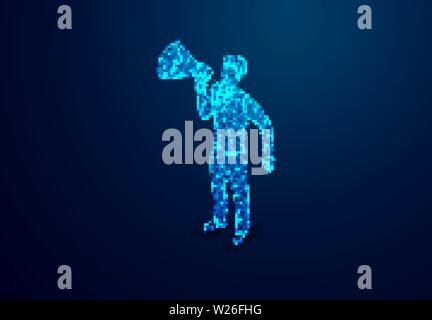 Business man with megaphone, Hiring intrusction .Abstract low poly, Triangle, dot, line, polygon. Shine blue background, Vector illustration Stock Vector