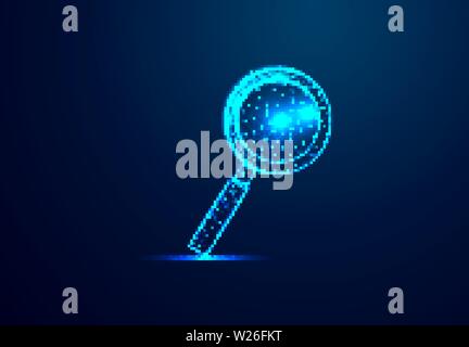 Magnifying glass. Analysis, Search symbol. Business, science, Internet surfing concept. Abstract, digital, wireframe, low poly mesh, Stock Vector