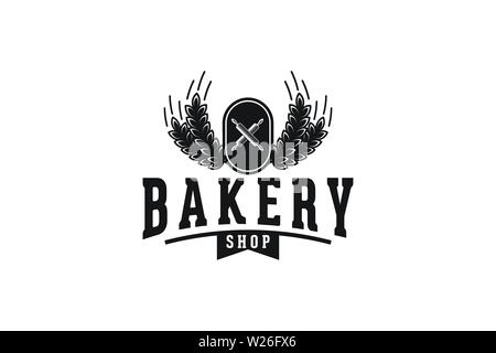 crossed rolling pin, wheat grain, vintage bakery logo Designs Inspiration Isolated on White Background Stock Vector