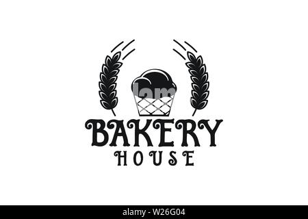 Cupcake, Wheat grain, Vintage Emblem Logo Designs Inspiration Isolated on White Background Stock Vector