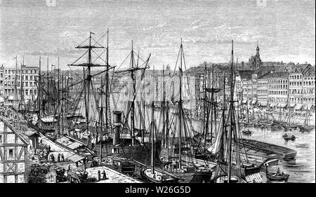Panoramic view of Stettin (now Szczecin, Poland) harbor on the Baltic coast with sailships moored and cityscape, 19th century Stock Photo