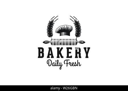 Chef Hat, Rolling Pin, Wheat Grain, Vintage Bakery Logo Stock Vector