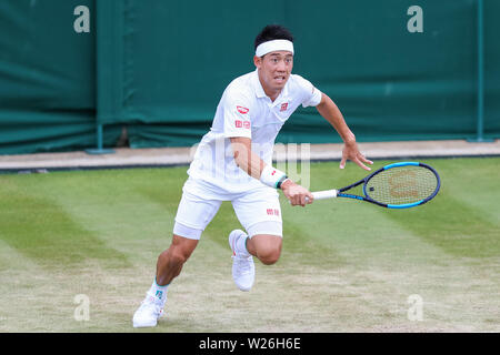 London, UK. 6th July 2019. Kei Nishikori of Japan during the men's singles third round match of the Wimbledon Lawn Tennis Championships against Steve Johnson of the United States at the All England Lawn Tennis and Croquet Club in London, England on July 6, 2019. Credit: AFLO/Alamy Live News Stock Photo
